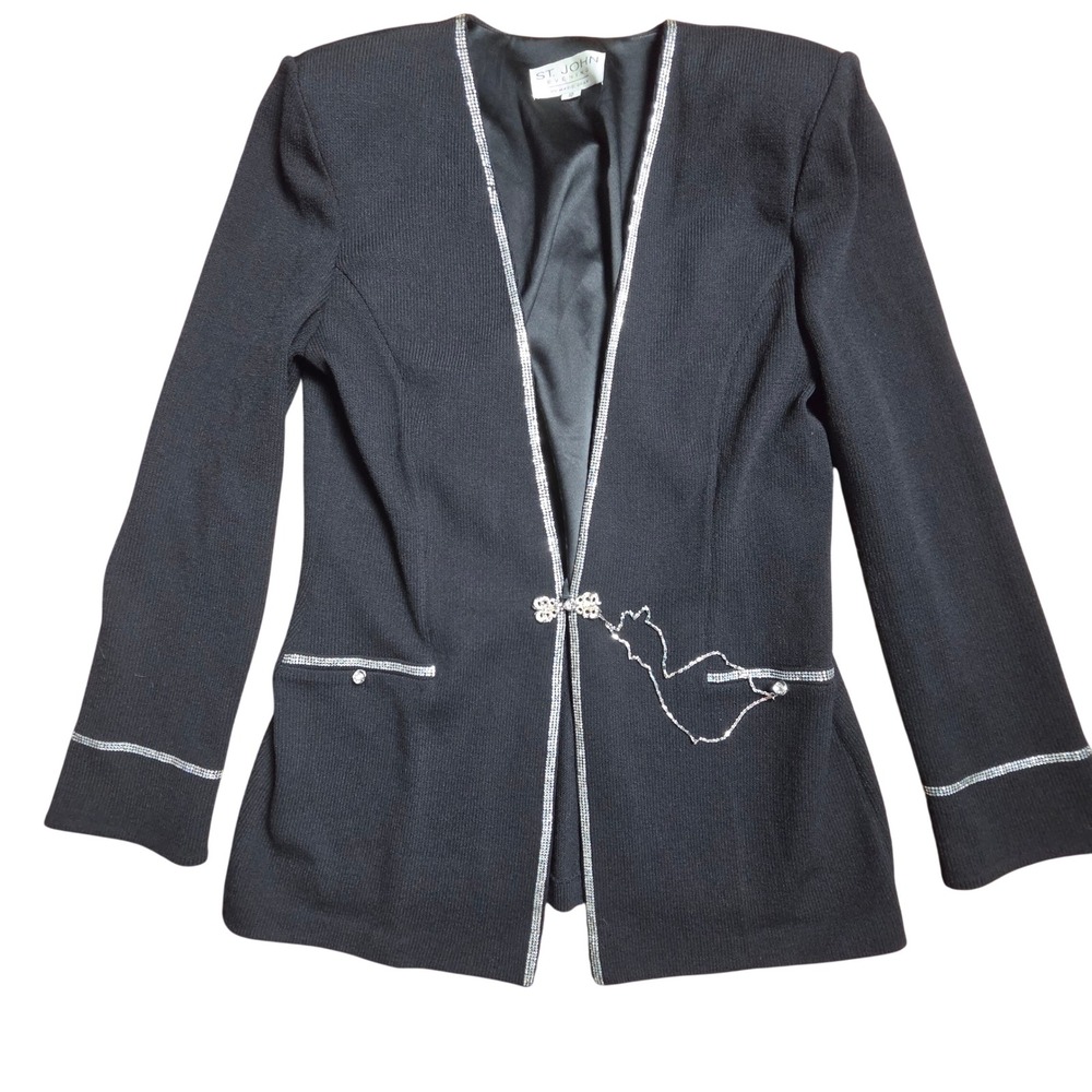 St John Evening by Marie Gray Wool Blend Knit Blazer 10 Rhinestone Chain Glam